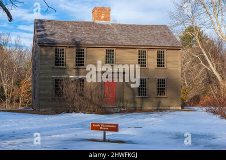 Das Jacob Whittemore House im Winter. Minute Man National Historical Park, Lexington, Massachusetts Stockfoto