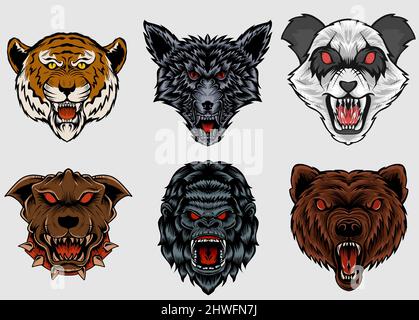 Abbildung Vektor Satz wütenden Tierkopf Stock Vektor
