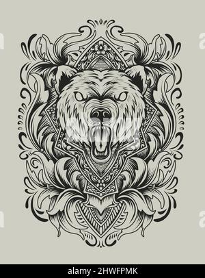 Illustration Vektor Angry Bear Kopf mit Vintage Gravur Ornament Stock Vektor