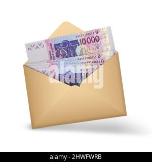 10000 westafrikanische cfa-Frankennoten in einem offenen braunen Umschlag. 3D Darstellung des Geldes in einem offenen Umschlag Stockfoto