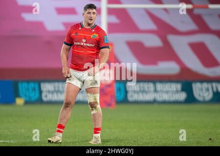 Limerick, Irland. 05. März 2022. Dan Goggin von Munster während des Spiels der United Rugby Championship Round 13 zwischen Munster Rugby und Dragons im Thomond Park in Limerick, Irland am 5. März 2022 (Foto von Andrew Surma/ Quelle: SIPA USA/Alamy Live News Stockfoto