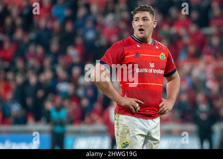 Limerick, Irland. 05. März 2022. Dan Goggin von Munster während des Spiels der United Rugby Championship Round 13 zwischen Munster Rugby und Dragons im Thomond Park in Limerick, Irland am 5. März 2022 (Foto von Andrew Surma/ Quelle: SIPA USA/Alamy Live News Stockfoto