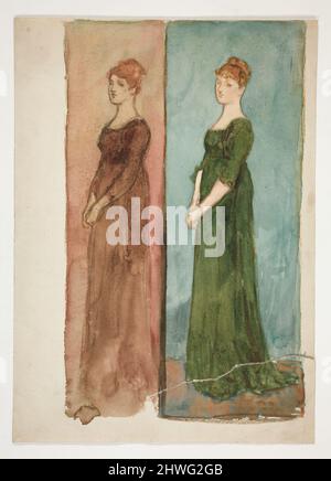 Zwei Skizzen einer Frau (in rot, in grün gekleidet) - Kostümstudien für ein Theaterstück?. Künstler: Edwin Austin Abbey, amerikanisch, 1852–1911, M.A. (HON.) 1897 Stockfoto