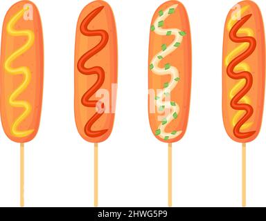 American Corn Dog Set mit verschiedenen Sauce Ketchup, Mayo, Senf. Street Food, Fastfood-Konzept. Illustration im Cartoon-Stil. Stock Vektor