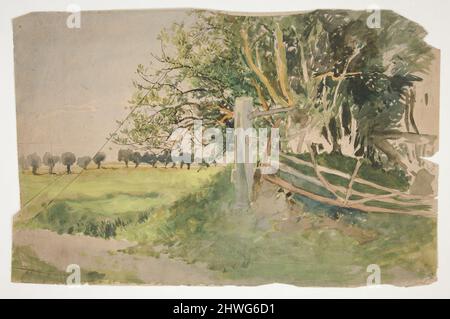 Landschaft mit Bäumen und gebrochenem Zaun. Künstler: Edwin Austin Abbey, amerikanisch, 1852–1911, M.A. (HON.) 1897 Stockfoto