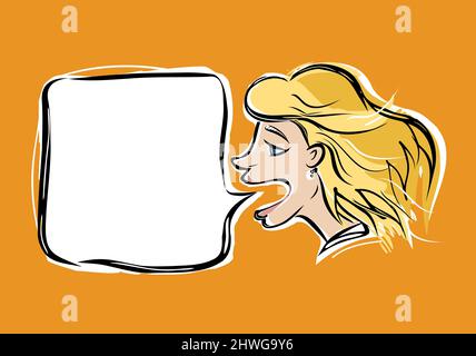 Eine Frau im Profil schreiend. Eine weiße Sprechblase neben ihr. Alles auf einem orangefarbenen Hintergrund. Stockfoto