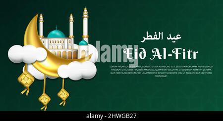 Realistisches eid al fitr mubarak mit Illustration Moschee auf Halbmond und hängendem Ketupat Stock Vektor
