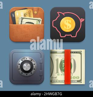 Symbole für Geld, Brieftasche, Safe und Sparschwein. Bank- und Finanzmanagement-Anwendung, Kontostand und Cashback-Programm, Investitionen monitori Stock Vektor