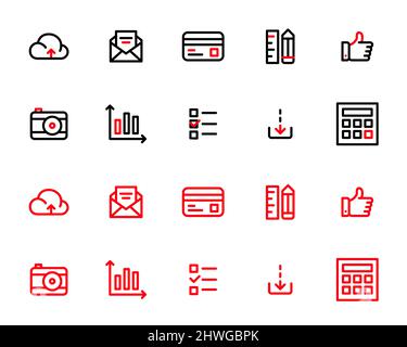 Einfache Strichbilder in zwei Farben ui-Symbole gesetzt. Cloud, Kreditkarte, Kamera, like, Lineal und andere. Pixel-perfekte, bearbeitbare Kontursymbole Stock Vektor