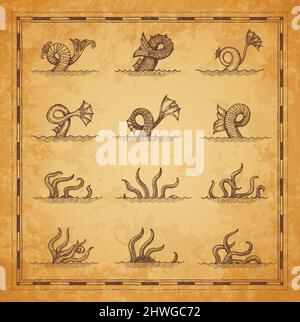 Seeungeheuer, Tintenfisch oder Tintenfisch und Meereslebewesen, Vektor-Vintage marine Krakens. Seeungeheuer Schwänze und Tentakeln in Wasserwellen, Riesenfischen oder serp Stock Vektor
