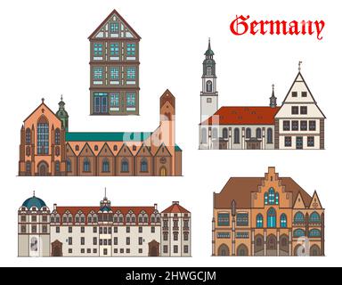 Deutschland Architektur Gebäude von Celle und Hildesheim, Reise-Vektor-Wahrzeichen. Synagoge und Stadtkirche oder St. Marien oder Stadtkirche und Schloss von C. Stock Vektor