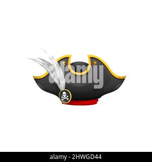 Piratenhut, Kopfbedeckung des Kapitäns isolierte Matrosenmütze mit ruckliger roger Totenkopf, Kreuzknochen und Feder. Vector buccaneer filibuster, dreikornschwarze Kappe. Seafa Stock Vektor