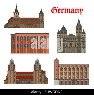 Deutschland Vektor-Gebäude von Trier, Hildesheim und Linz, Architektur und Sehenswürdigkeiten. St. Peter und Altes Rathaus in Linz, Liebfrauenkirche, Michaeliskirche und Trierer Dom Stock Vektor