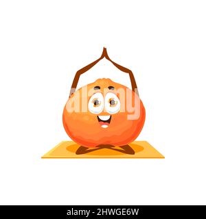 Mandarin Cartoon Figur Fitness Yoga Pilates Sport Aktivität Training isoliert Maskottchen. Vector Clementine Zitrusfrüchte, sportliche Emoticon macht Übungen. Vektor Mandarine orange Zitrusfrüchte auf Matte Stock Vektor