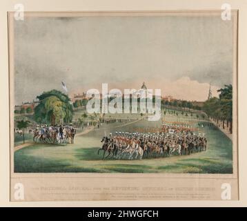 Die National Lancers mit den Überprüfenden auf Boston Common. Künstler: Fitz Henry Lane, Amerikaner, 1804–1865After: Charles Hubbard, Amerikaner, 1801–1876 Stockfoto