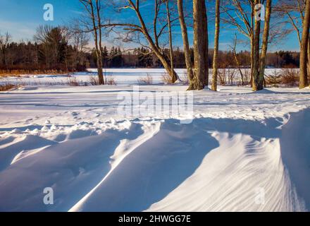 Schnee driftet am Ufer des Brady's Lake in den Pocono Mountains in Pennsylvania. Stockfoto