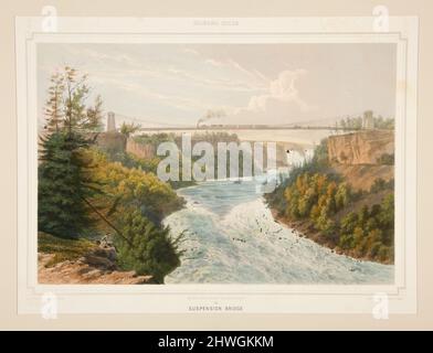 Niagarafälle, Hängebrücke, Platte 24 aus 54 Ansichten. Lithograph: Isidore Laurent Deroy, französisch, 1797–1886After: August Köllner, amerikanisch, 1813–1906Printer: Cattier, Active Paris, Mitte 19.. JahrhundertHerausgeber: Goupil & Cie, Französisch, 1827–1879 Stockfoto