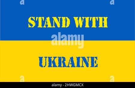 Inschrift steht mit der Ukraine in englischer Sprache auf der ukrainischen Flagge Stockfoto