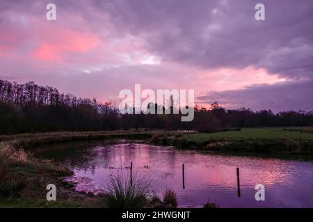 Waverley Lane, Elstead. 06.. März 2022. Ein kalter, aber trockener Start in den Tag für die Heimatkreise. Sonnenaufgang über dem Fluss Wey bei Thundry Meadows in Elstead, in der Nähe von Godalming, in Surrey. Kredit: james jagger/Alamy Live Nachrichten Stockfoto