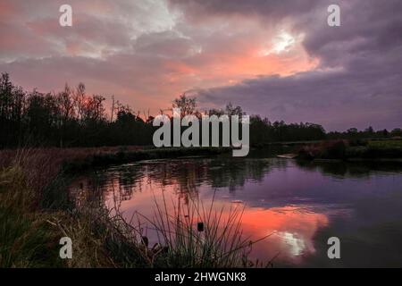 Waverley Lane, Elstead. 06.. März 2022. Ein kalter, aber trockener Start in den Tag für die Heimatkreise. Sonnenaufgang über dem Fluss Wey bei Thundry Meadows in Elstead, in der Nähe von Godalming, in Surrey. Kredit: james jagger/Alamy Live Nachrichten Stockfoto