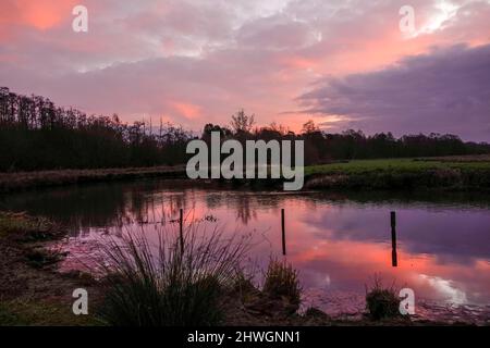 Waverley Lane, Elstead. 06.. März 2022. Ein kalter, aber trockener Start in den Tag für die Heimatkreise. Sonnenaufgang über dem Fluss Wey bei Thundry Meadows in Elstead, in der Nähe von Godalming, in Surrey. Kredit: james jagger/Alamy Live Nachrichten Stockfoto