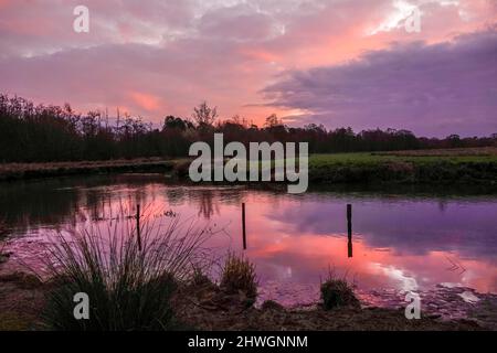 Waverley Lane, Elstead. 06.. März 2022. Ein kalter, aber trockener Start in den Tag für die Heimatkreise. Sonnenaufgang über dem Fluss Wey bei Thundry Meadows in Elstead, in der Nähe von Godalming, in Surrey. Kredit: james jagger/Alamy Live Nachrichten Stockfoto