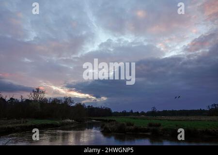 Waverley Lane, Elstead. 06.. März 2022. Ein kalter, aber trockener Start in den Tag für die Heimatkreise. Sonnenaufgang über dem Fluss Wey bei Thundry Meadows in Elstead, in der Nähe von Godalming, in Surrey. Kredit: james jagger/Alamy Live Nachrichten Stockfoto