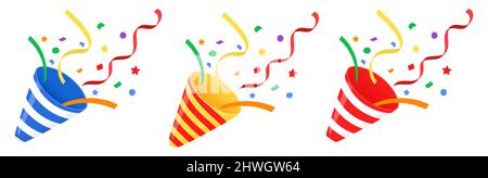 Explodierende Party Popper mit Konfetti, helle Cartoon Geburtstag Cracker. Isolierte Vektor-Illustration der Feier Symbol emoji. Flaches Design Stock Vektor