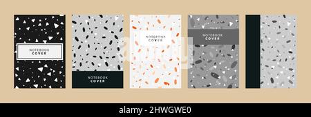 Set Sammlung von bunten Cover Buch Vorlage. Mit Terrazzo-Nahtloses Muster, moderner minimalistischer trendy abstrakter Hintergrund-Vektor-Illustration. Stock Vektor