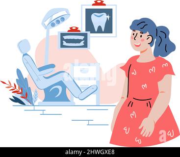Nettes Kind Mädchen gehen, um Zahnarzt zu besuchen, flache Cartoon-Vektor-Illustration isoliert auf weißem Hintergrund. Kinderzahnmedizin und Kinderoralpflege. Stock Vektor