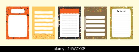 Legen Sie eine Sammlung von bunten leeren Memo Note Letter Datei Dokument Tagebuch Buch Vorlage Layout mit abstrakten Terrazzo nahtlose Muster. Moderne Minimalisti Stock Vektor