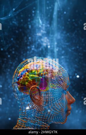 Farbenfrohes kreatives Gehirn im menschlichen Drahtmodell-Kopf. Kreativität, Lernen und wissenschaftlicher Hintergrund. 3D Rendern. Stockfoto