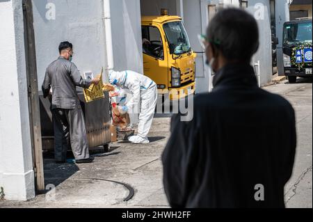 Ein Familienmitglied beobachtet, wie ein privater Leichengehege-Arbeiter in PPE den Leichnam eines covid-19-Opfers für die Beerdigung in der öffentlichen Leichenhalle von Victoria vorbereitet. Mit dem jüngsten Anstieg der Todesfälle aufgrund des Omicron-Ausbruchs in Hongkong sind die örtlichen Leichenhallen in der Lage, und die Regierung verlässt sich auf Krankenhäuser und private Leichenhäuser, um Hilfe zu erhalten. Am 5. März 2022 sind in der letzten Welle 1561 Menschen gestorben, was die Gesamtzahl der bekannten COVID-19-Todesfälle in Hongkong auf 1774 brachte. Die meisten Todesfälle wurden bei älteren Menschen verzeichnet, von denen viele entweder nicht oder nicht vollständig geimpft waren. Stockfoto