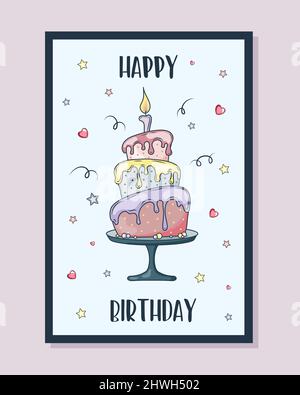 Niedliche Geburtstagskarte mit Kuchen und Kerzen. vektor-Illustration Stock Vektor