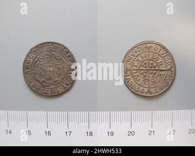 1 Groat von Heinrich VI., König von England aus Calais. Herrscher: Heinrich VI., König von England, Brite, 1421–1471, regierte 1422–61, 1470–71 Münzstätte: Calais Künstler: Unbekannt Stockfoto