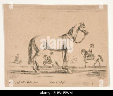 Reiterloses Pferd, mit Reitern, die im Hintergrund Dressur machen. Künstler: Stefano Della Bella, Italienisch, 1610–1664 Stockfoto