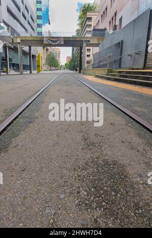 Der Broadway oder UTS End der Goods Line in Ultimo, Sydney, eine stillliegende Eisenbahnlinie, die heute eine Fußgängerzone im Inneren von Sydney, Australien, ist Stockfoto