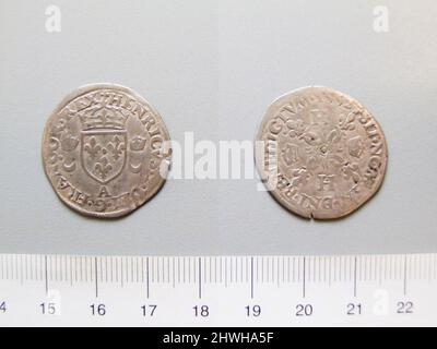 Douzain (Zwölfter eines Francs) von Heinrich II., König von Navarra aus Paris. Herrscher: Heinrich II., König von Navarra, Französisch, 1503–1555 Münzstätte: Paris Stockfoto