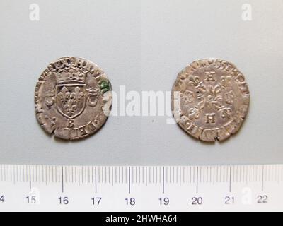 Douzain (Zwölfter eines Francs) von Heinrich II., König von Navarra aus Rouen. Herrscher: Heinrich II., König von Navarra, Französisch, 1503–1555 Münzstätte: Rouen Stockfoto