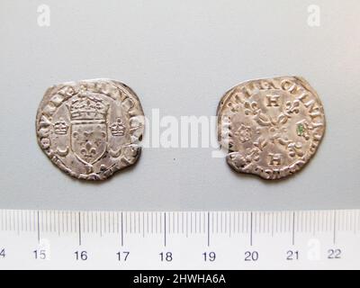 Douzain (Zwölfter eines Francs) von Heinrich II., König von Navarra aus Lyon. Herrscher: Heinrich II., König von Navarra, Französisch, 1503–1555 Münzstätte: Lyon Stockfoto