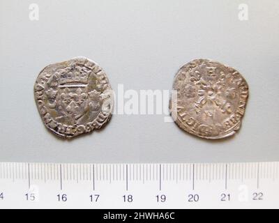 Douzain (Zwölfter eines Francs) von Heinrich II., König von Navarra aus La Rochelle. Herrscher: Heinrich II., König von Navarra, Französisch, 1503–1555 Münzstätte: La Rochelle Stockfoto