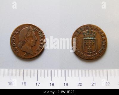 1 Sol von Ludwig XV., König von Frankreich aus Lille. Herrscher: Ludwig XV., König von Frankreich, Französisch, 1710–1774, regiert 1715–74 Münzstätte: Lille Künstler: Unbekannt Stockfoto