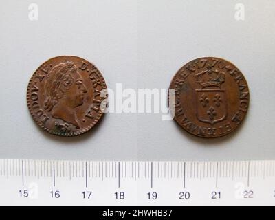 1 Sol von Ludwig XV., König von Frankreich aus Besançon. Herrscher: Ludwig XV., König von Frankreich, Französisch, 1710–1774, regiert 1715–74 Münzstätte: Besançon Künstler: Unbekannt Stockfoto