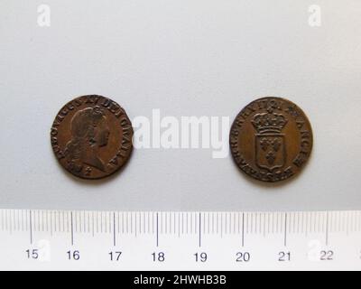 1 Liard von Ludwig XV., König von Frankreich aus Reims. Herrscher: Ludwig XV., König von Frankreich, Französisch, 1710–1774, regiert 1715–74 Münzstätte: Reims Künstler: Unbekannt Stockfoto