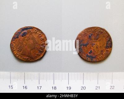 1 Sol von Ludwig XV., König von Frankreich aus Besançon. Herrscher: Ludwig XV., König von Frankreich, Französisch, 1710–1774, regiert 1715–74 Münzstätte: Besançon Künstler: Unbekannt Stockfoto