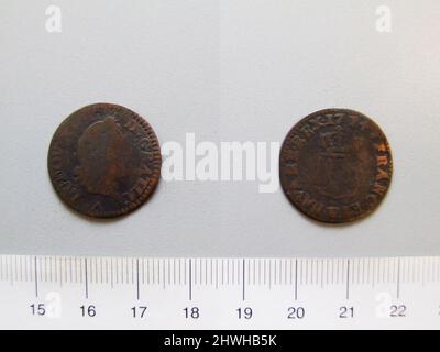 1 Liard von Ludwig XV., König von Frankreich aus Lille. Herrscher: Ludwig XV., König von Frankreich, Französisch, 1710–1774, regiert 1715–74 Münzstätte: Lille Künstler: Unbekannt Stockfoto