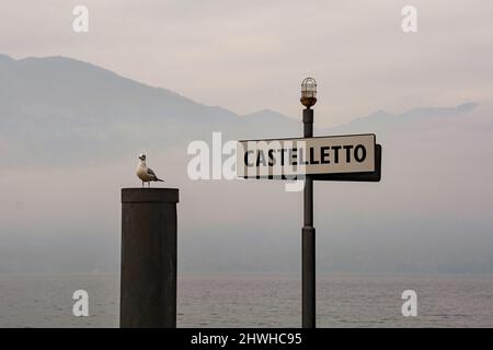 Das Fährenschild in Castelletto di Brenzone am Gardasee in der Provinz Verona, Venetien, Nordostitalien Stockfoto