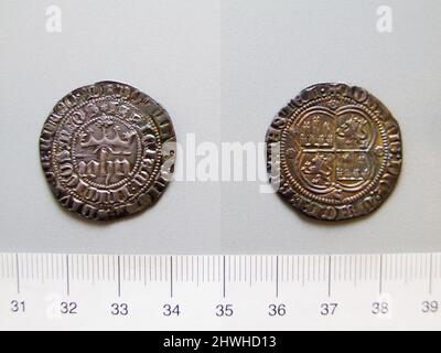 1 Real von Johannes I., König von Kastilien und Leon aus Sevilla. Herrscher: John I., König von Kastilien und Leon, Spanier, 1358–1390, regiert 1379–90 Münzstätte: Sevilla Künstler: Unbekannt Stockfoto