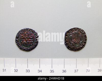1/2 Real von Johannes I., König von Kastilien und Leon aus Sevilla. Herrscher: John I., König von Kastilien und Leon, Spanier, 1358–1390, regiert 1379–90 Münzstätte: Sevilla Künstler: Unbekannt Stockfoto