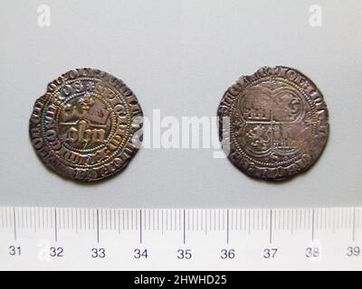 1 Real von Johannes I., König von Kastilien und Leon aus Sevilla. Herrscher: John I., König von Kastilien und Leon, Spanier, 1358–1390, regiert 1379–90 Münzstätte: Sevilla Künstler: Unbekannt Stockfoto